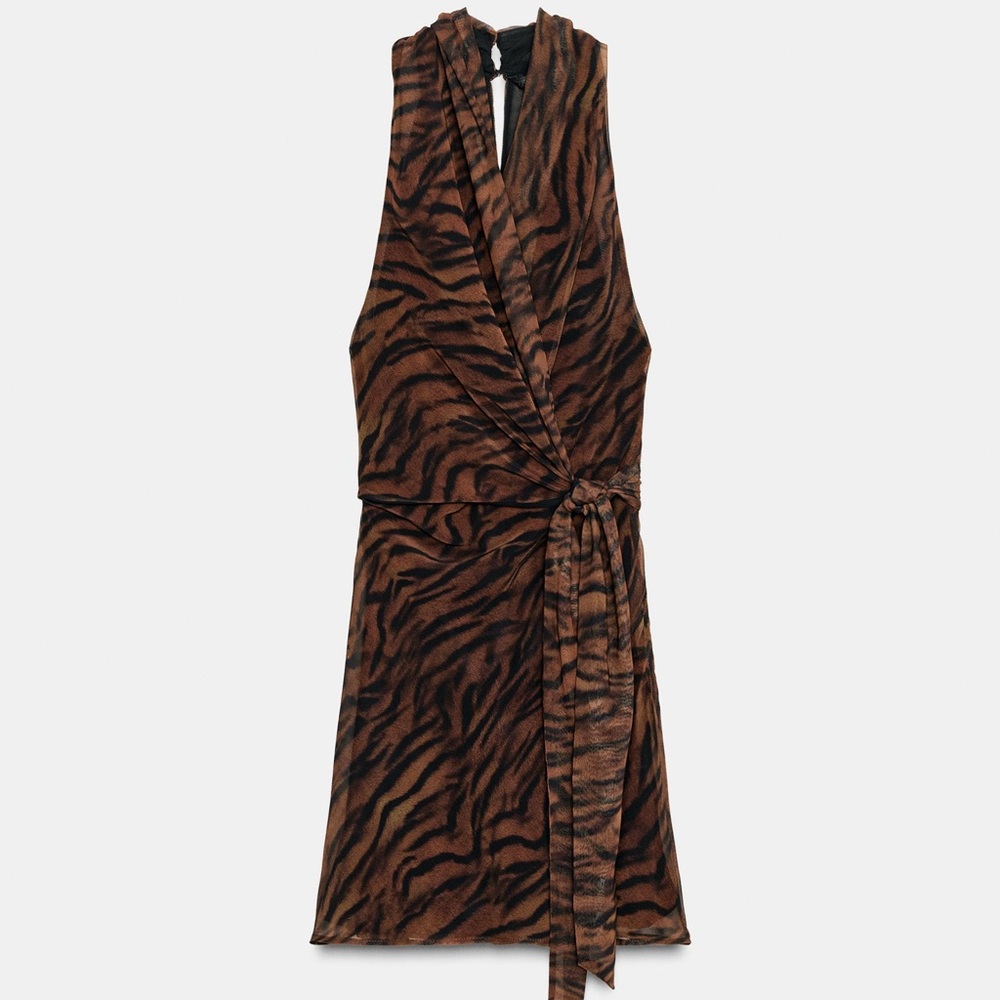 Zara Black and Brown Animal Print Patterned Dress
